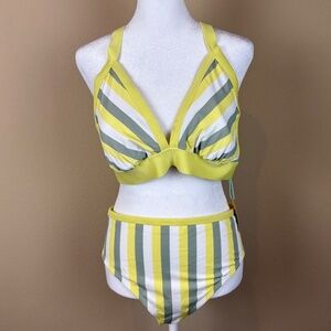 NWT Kona Sol 2 Piece Yellow/Gray/White Bikini Swimsuit Triangle Top; Size 1X
